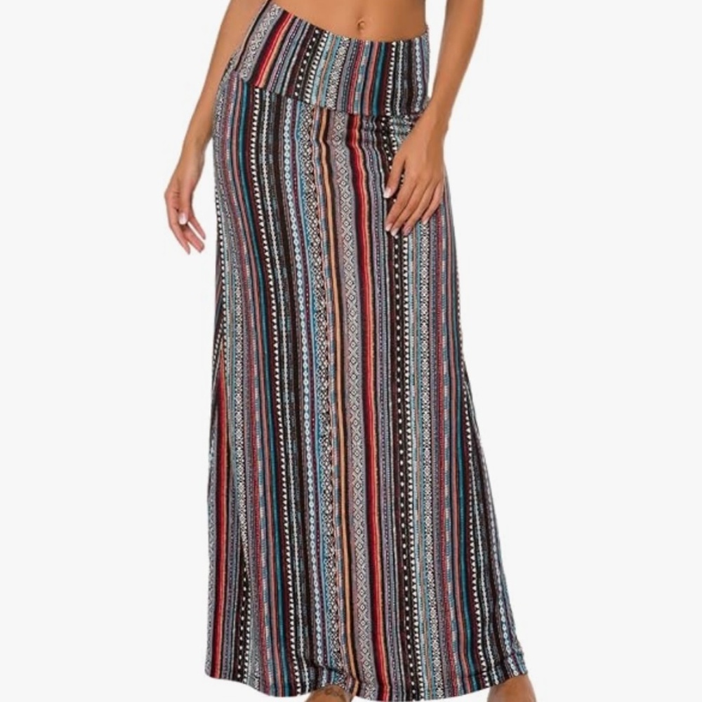 New Women's Pull On Maxi Skirt Fold Over Soft Stretch Multi Color Stripes Small